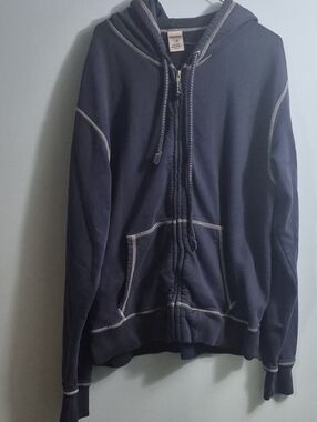 True Religion Men's Dark Navy Zip-Up Hoodie with Contrast Stitching